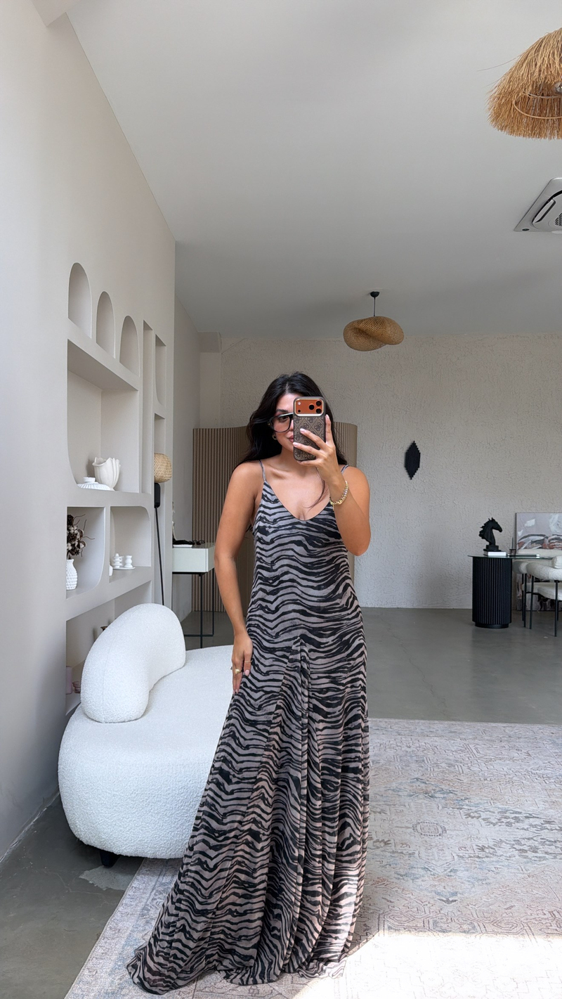 Zebra Desenli Tül İçi Maxi Astarlı Dökümlü Elbise