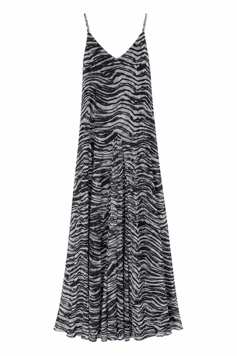 Zebra Desenli Tül İçi Maxi Astarlı Dökümlü Elbise
