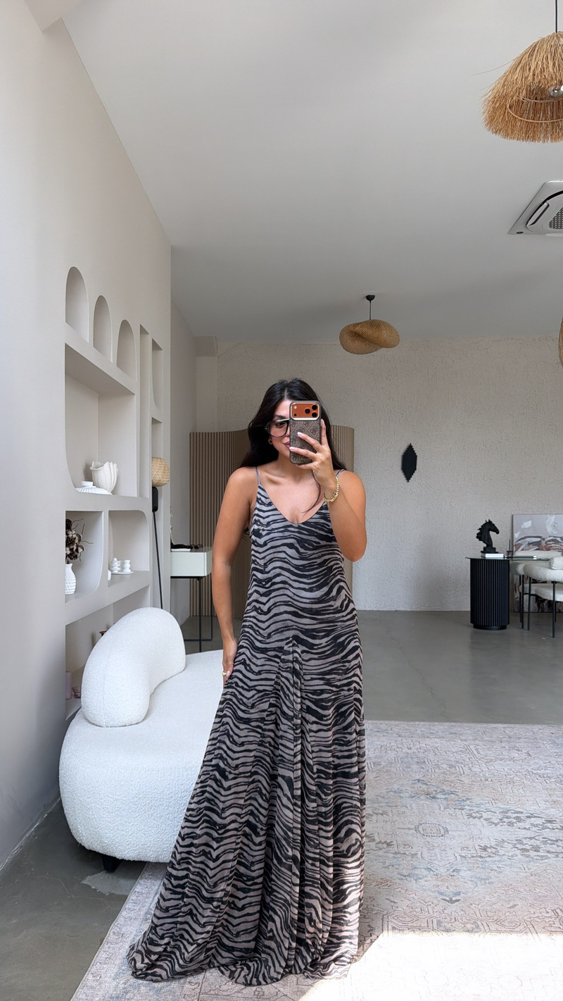 Zebra Desenli Tül İçi Maxi Astarlı Dökümlü Elbise
