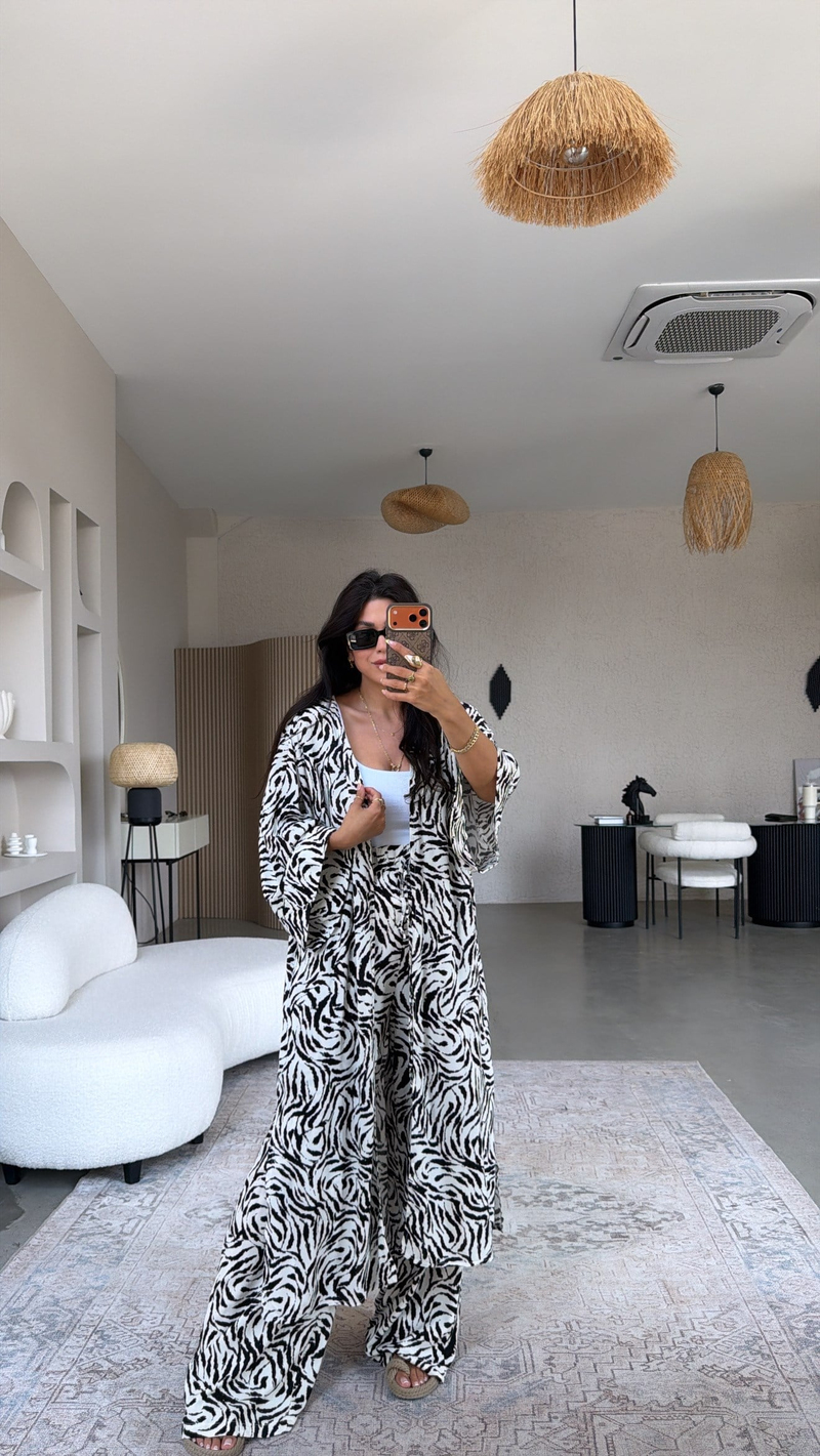 Zebra Desenli Viskon Kimono Pantolon