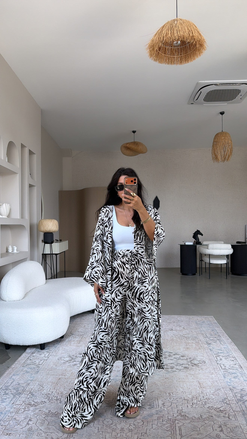 Zebra Desenli Viskon Kimono Pantolon