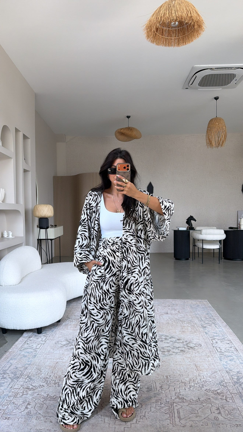 Zebra Desenli Viskon Kimono Pantolon