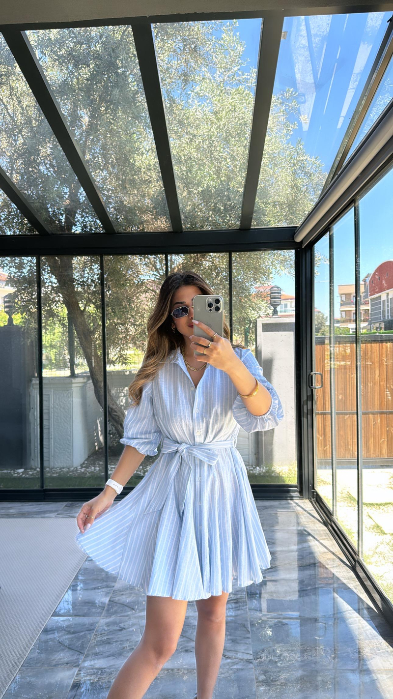 ZR Mavi Çizgili Keten Elbise