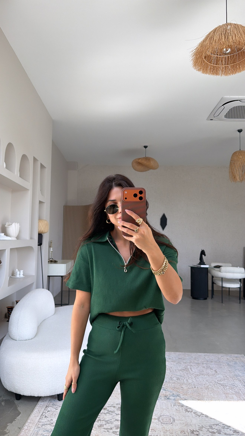 Zümrüt Fitilli Fermuarlı Kısa Kol Basic Takım