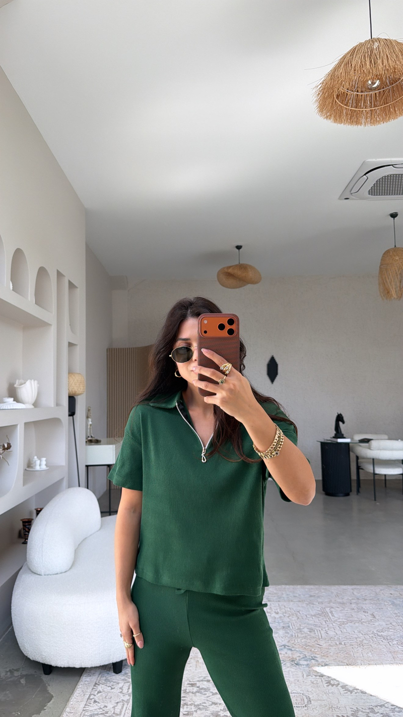 Zümrüt Fitilli Fermuarlı Kısa Kol Basic Takım