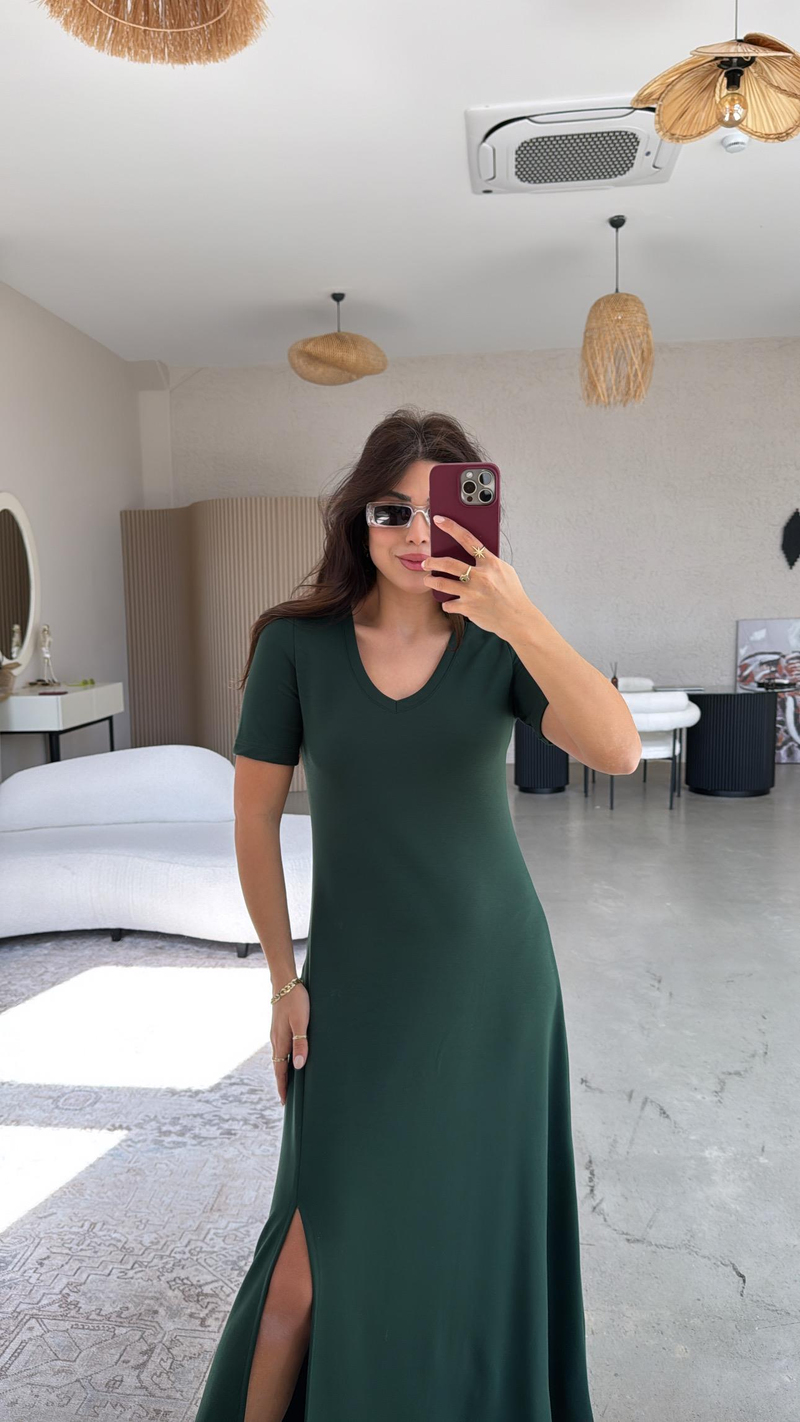 Zümrüt Kısa Kollu Yırtmaçlı Özel Üretim Elbise