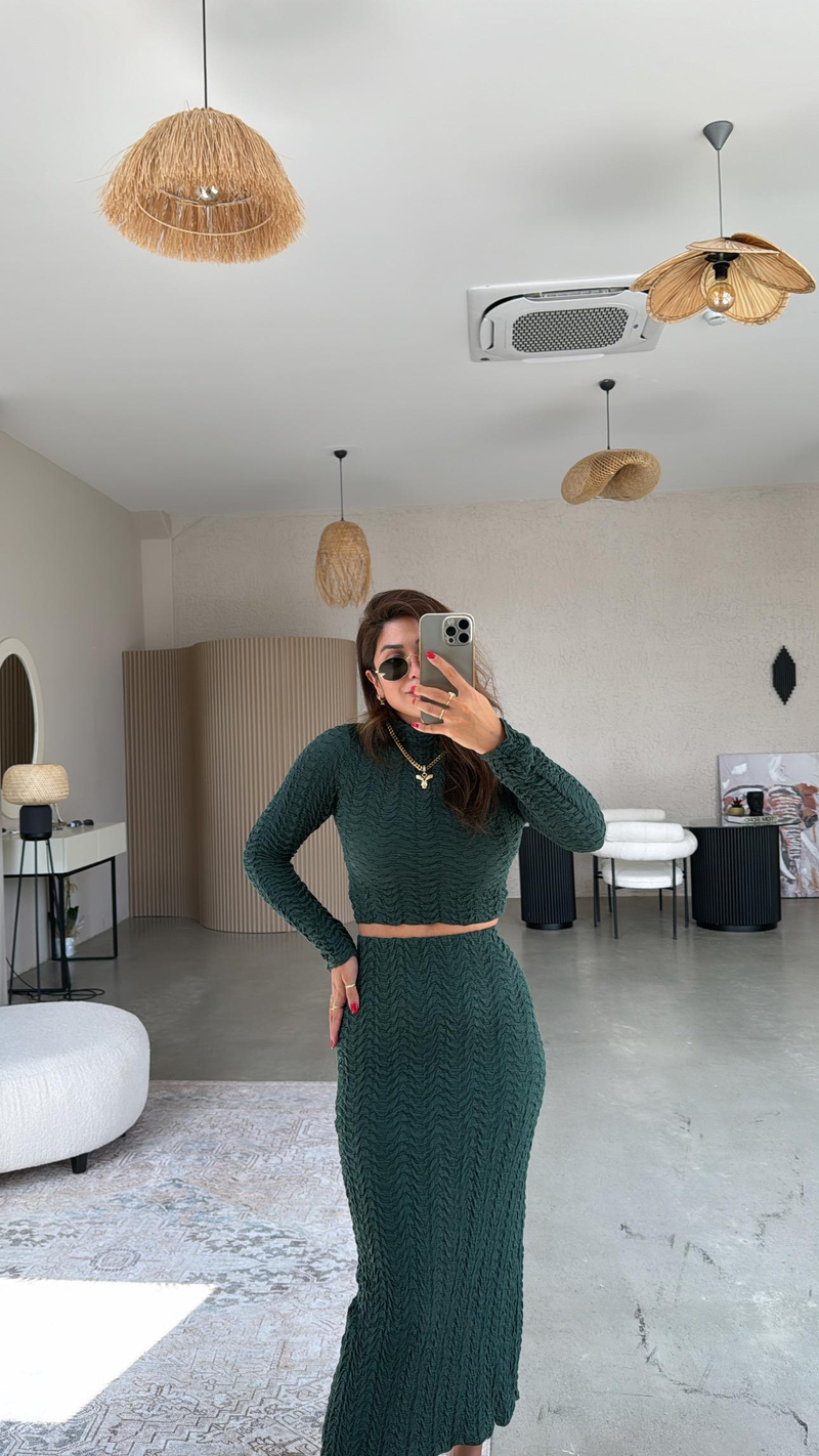 Zümrüt Yeşili Orijinal Etek Crop Takım