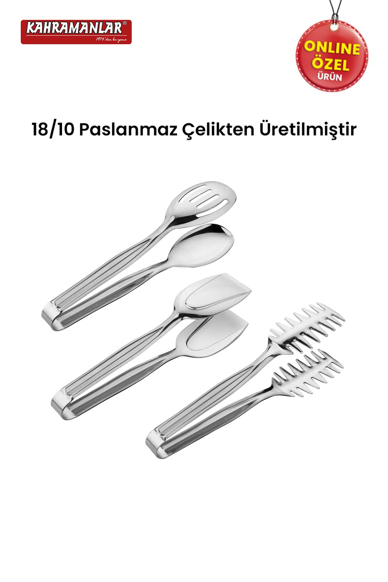 KahramanlarDemre 3'lü Platin Çelik Izgara Salata Krep Maşa Seti9060