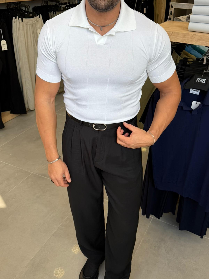 Ferel Kendinden Çizgi Desenli Triko Pamuk Tshirt Beyaz