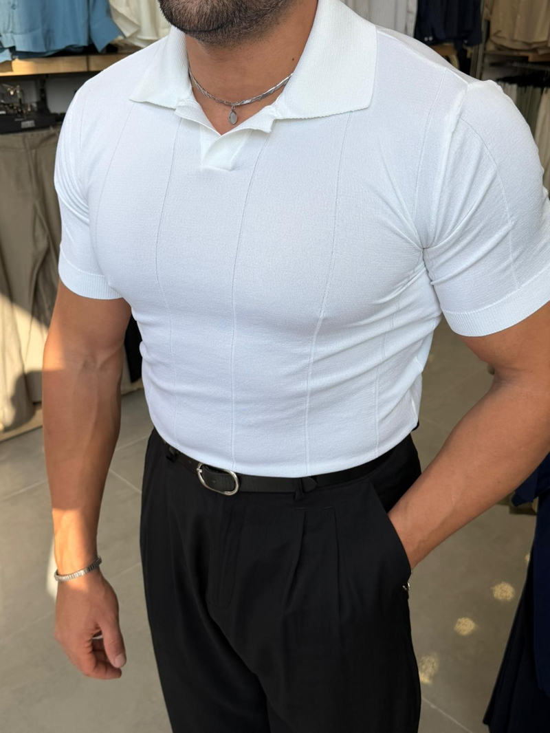 Ferel Kendinden Çizgi Desenli Triko Pamuk Tshirt Beyaz