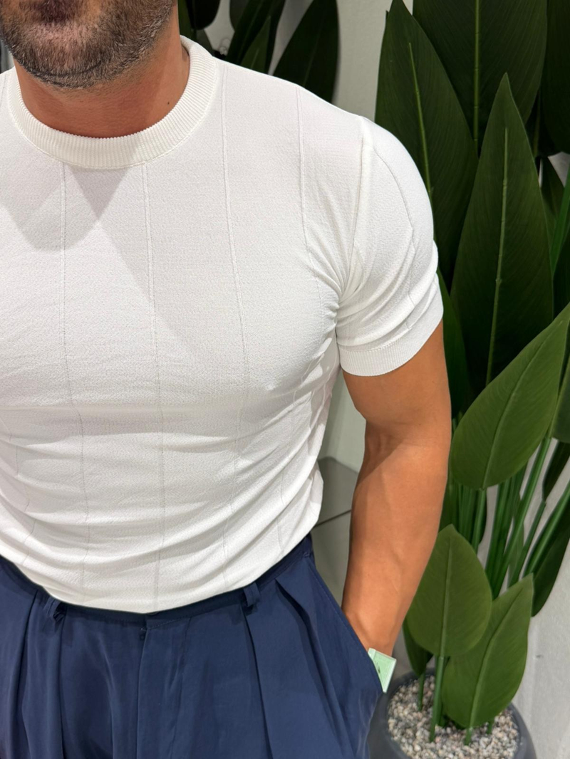 Ferel Kendinden Çizgili Triko Tshirt Beyaz
