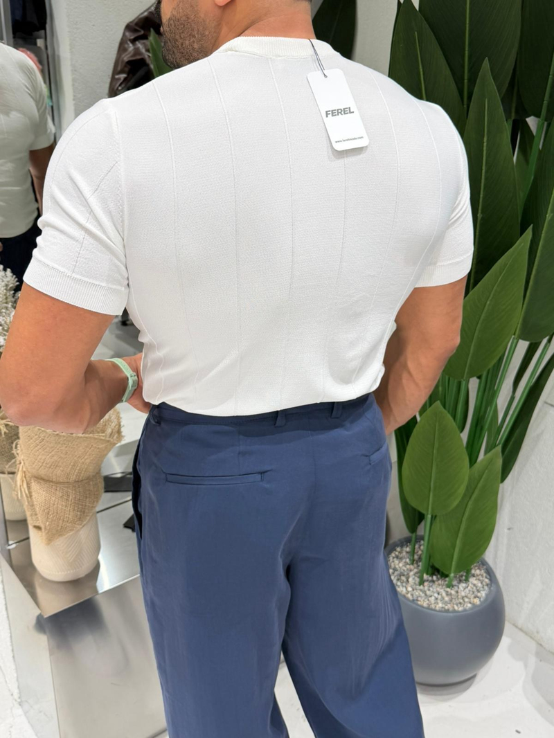 Ferel Kendinden Çizgili Triko Tshirt Beyaz