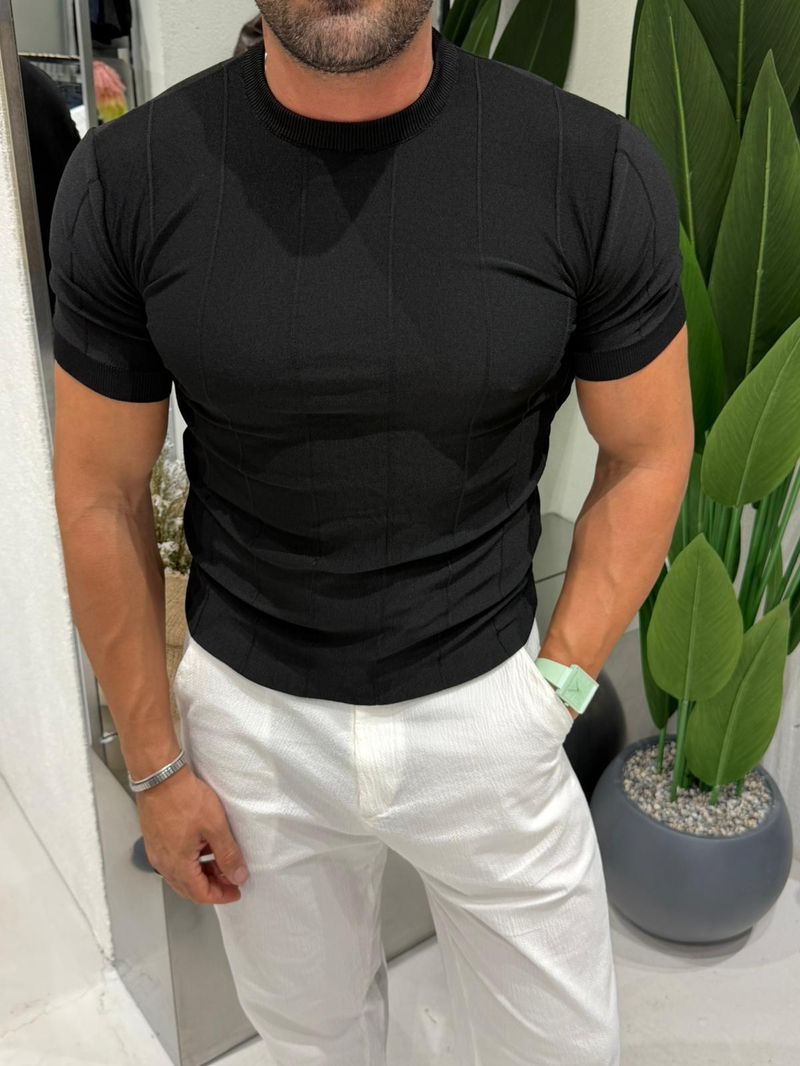 Ferel Kendinden Çizgili Triko Tshirt Siyah