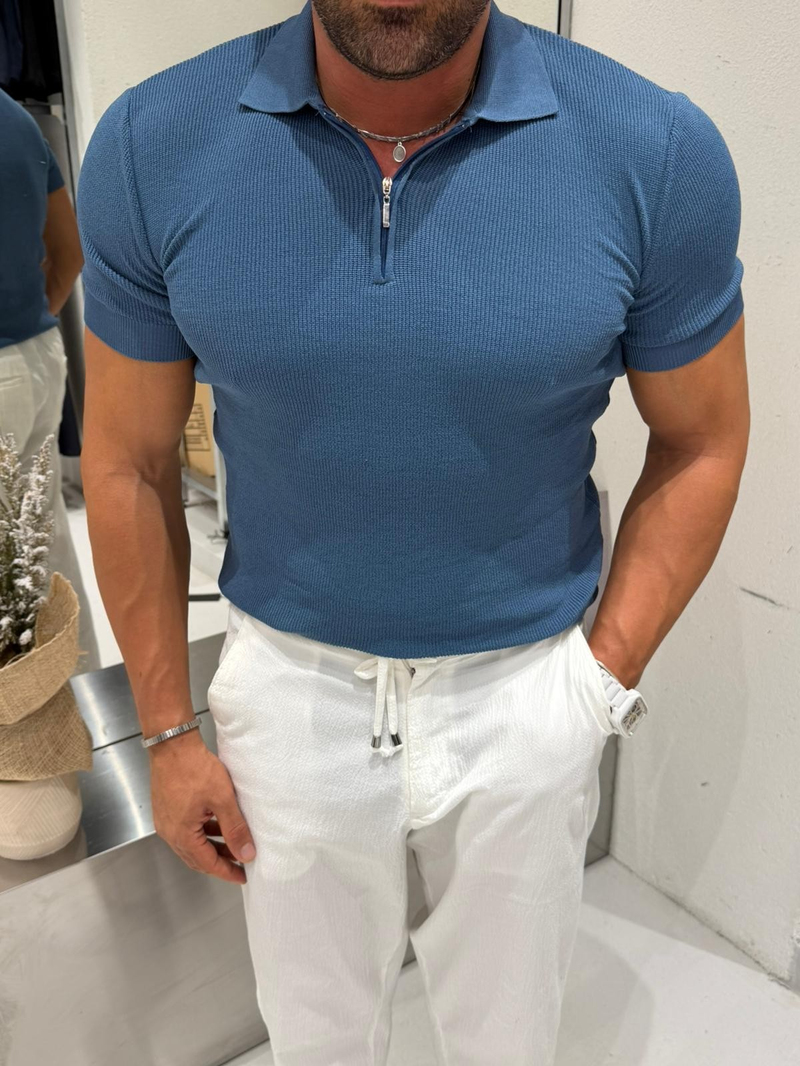 Ferel Yarım Fermuar Detay Pamuklu Tshirt Mavi