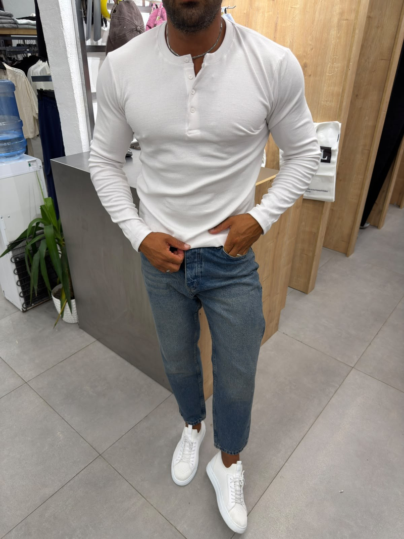 Henley Yaka Fitilli Sweat Beyaz