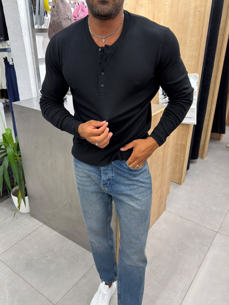 Henley Yaka Fitilli Sweat Siyah