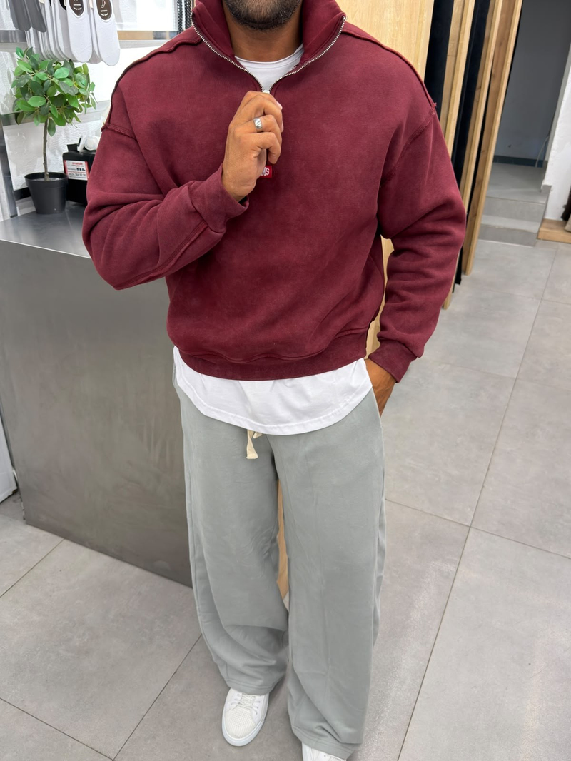 Vamos Yarım Fermauar Detay Sweat Bordo