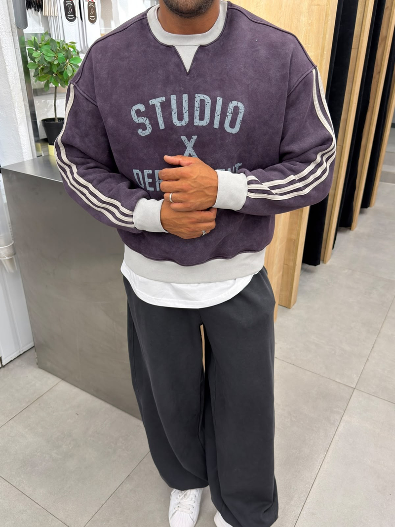 Vamos Yıkamalı Şeritli Sweat Mürdüm