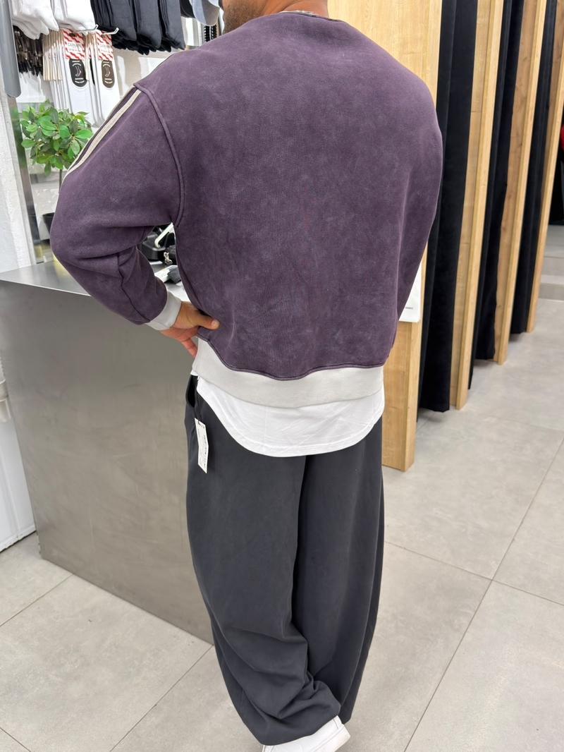 Vamos Yıkamalı Şeritli Sweat Mürdüm