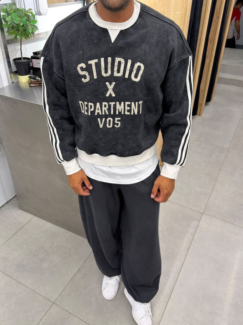 Vamos Yıkamalı Şeritli Sweat Siyah