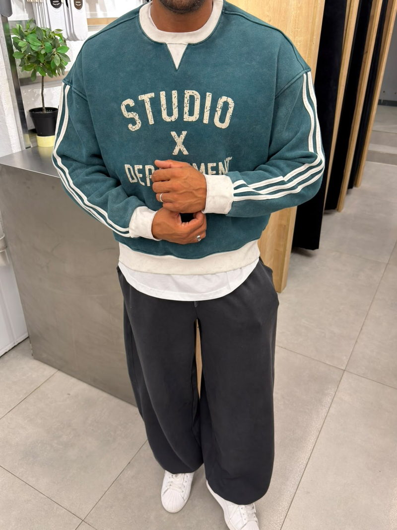 Vamos Yıkamalı Şeritli Sweat Yeşil