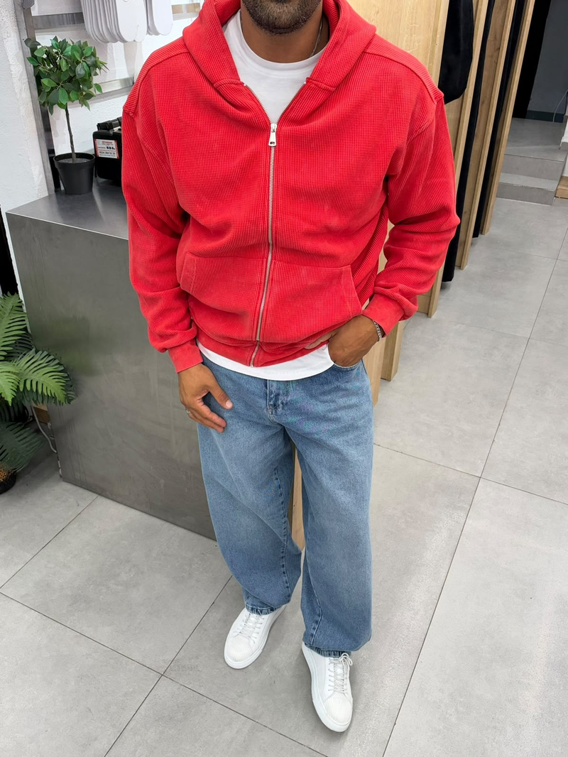 VamosYıkamalı Waffle Sweatshirt Kırmızı