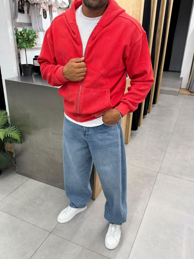 VamosYıkamalı Waffle Sweatshirt Kırmızı