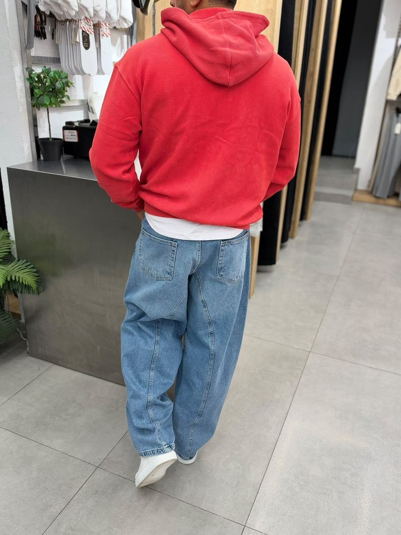 VamosYıkamalı Waffle Sweatshirt Kırmızı