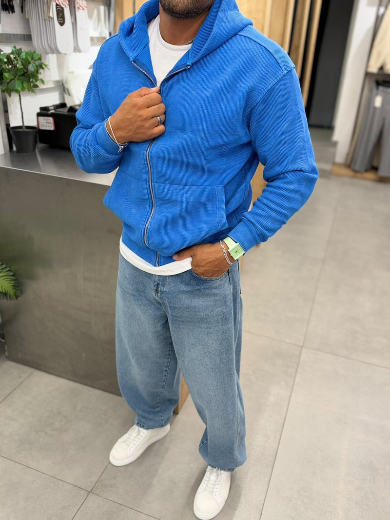 VamosYıkamalı Waffle Sweatshirt Saks Mavi