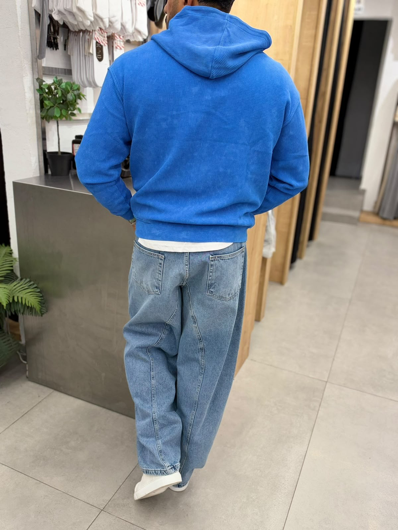 VamosYıkamalı Waffle Sweatshirt Saks Mavi