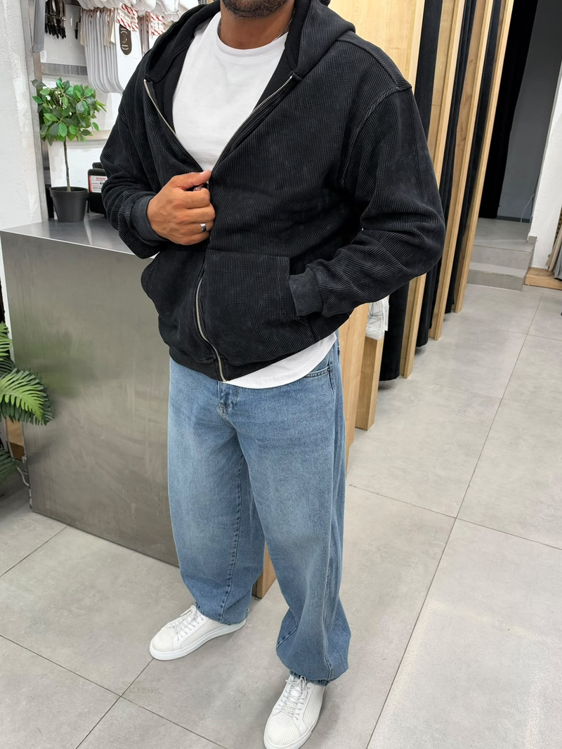 VamosYıkamalı Waffle Sweatshirt Siyah