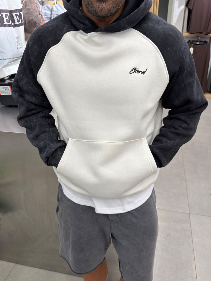 Yüksek Kalite Yıkamalı Sweatshirt Beyaz Siyah