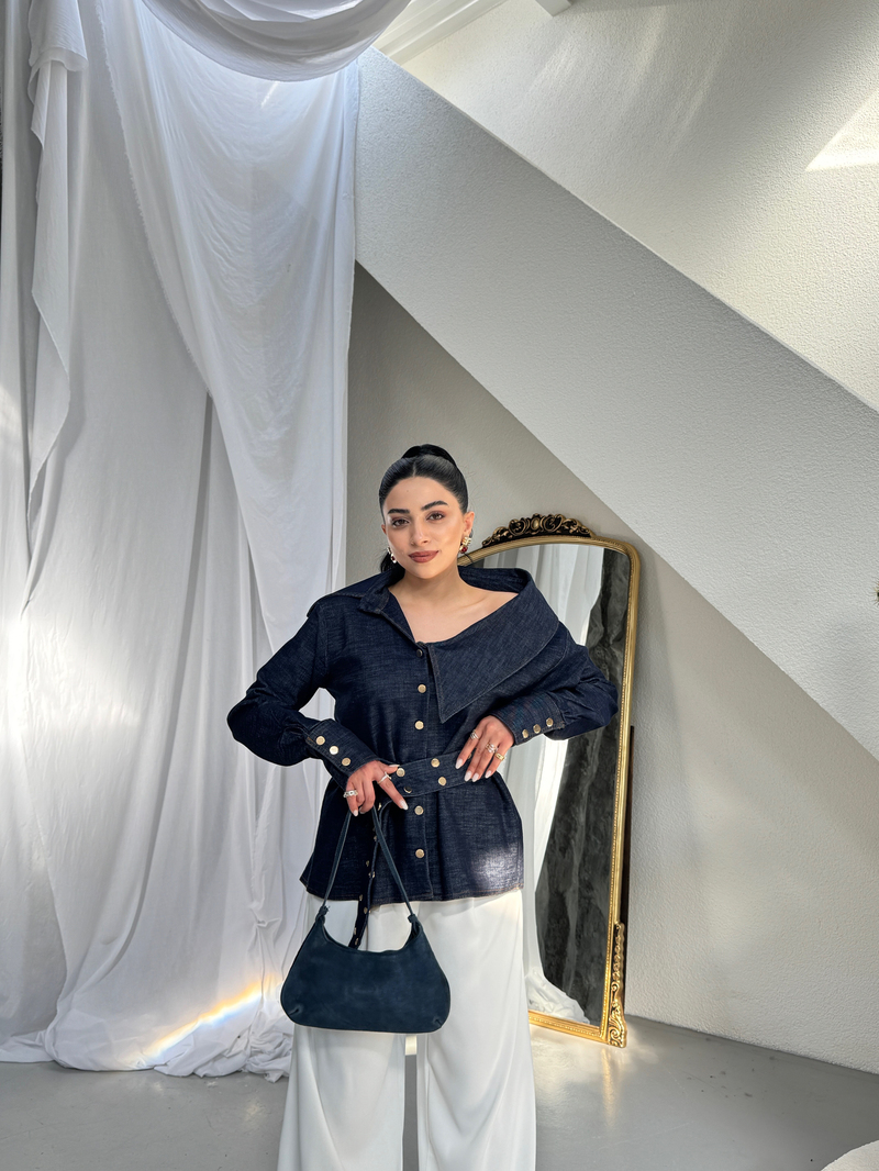 Asimetrik Yaka Kemerli Çıtçıtlı Denim Gömlek