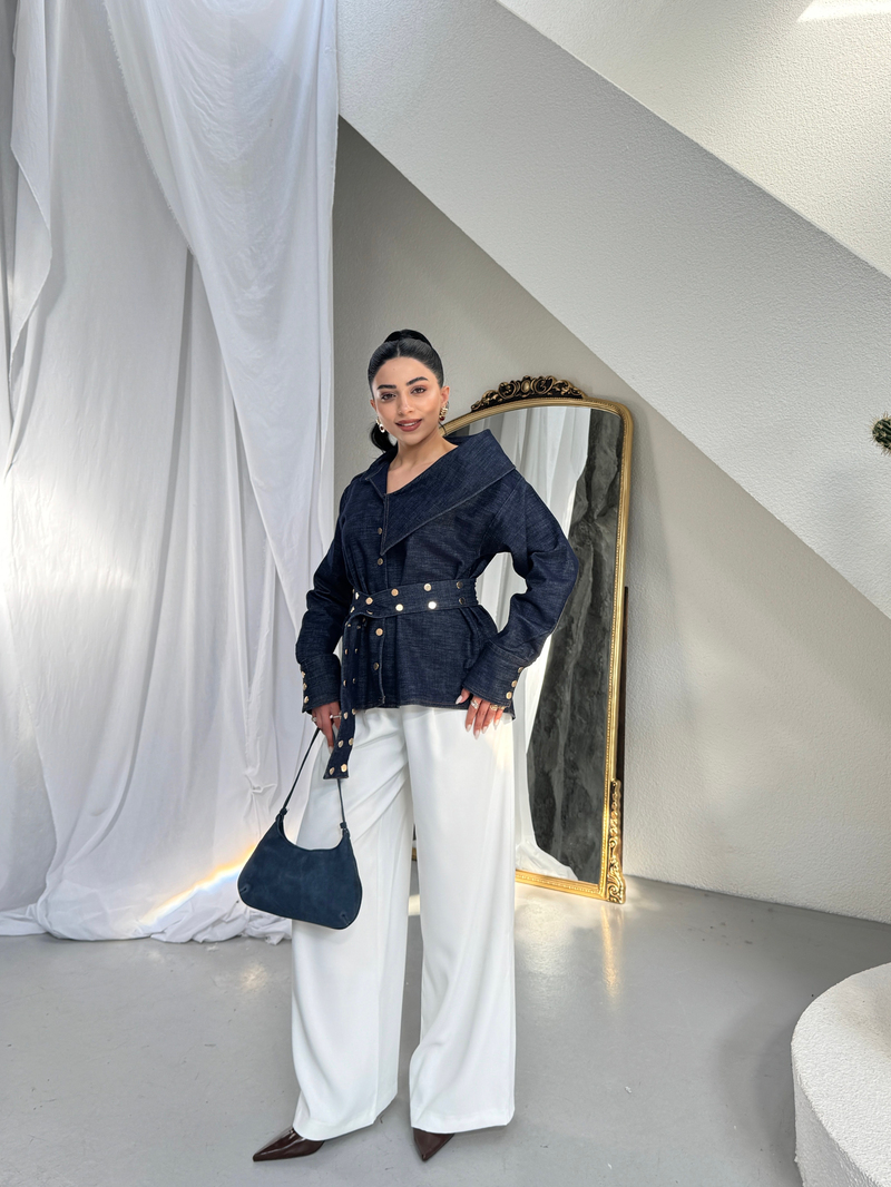 Asimetrik Yaka Kemerli Çıtçıtlı Denim Gömlek