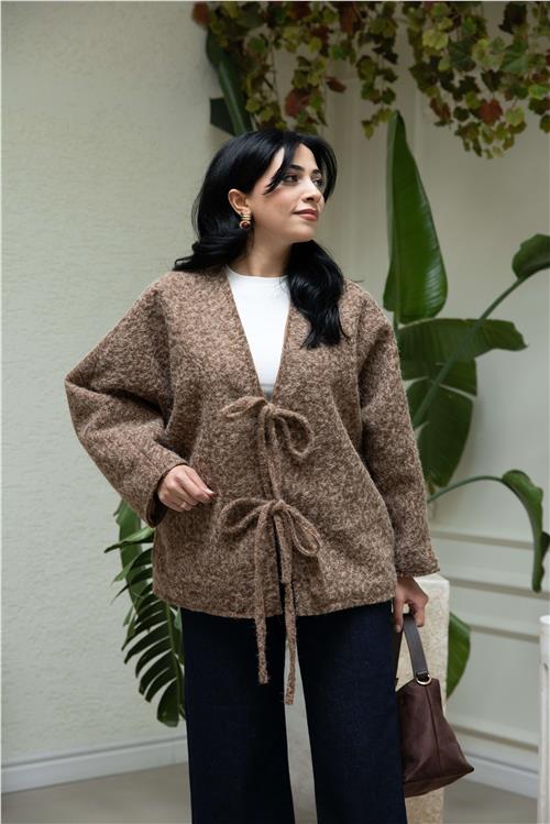 Bağcık Detay Oversize Hırka Kahve