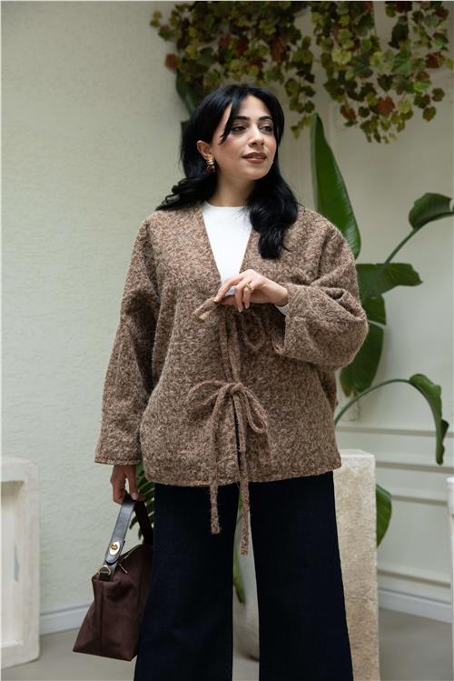 Bağcık Detay Oversize Hırka Kahve