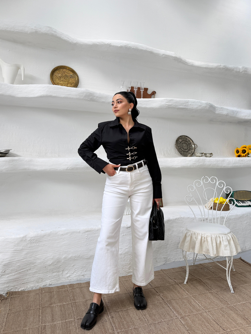 Beyaz Culotte Yüksek Bel Kemerli Jean