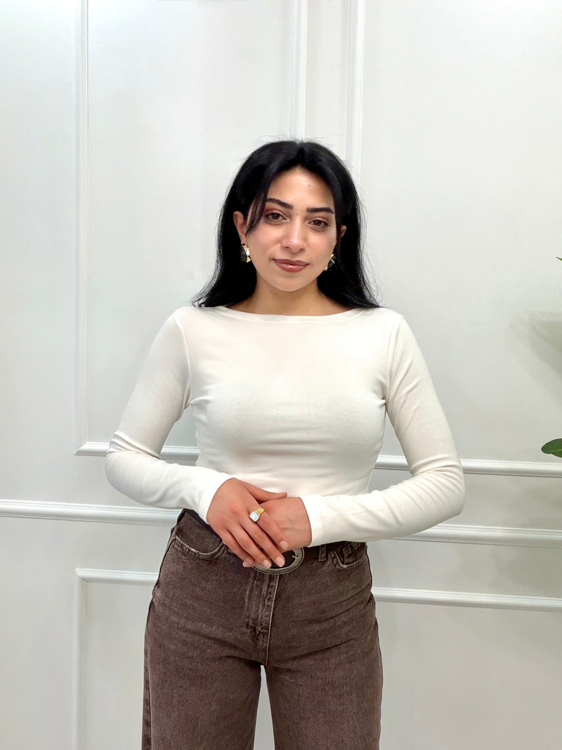 Body Kayık Yaka Bluz Ekru