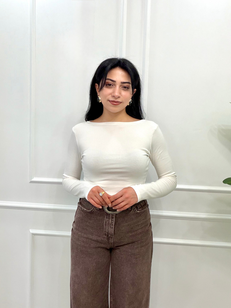 Body Kayık Yaka Bluz Ekru