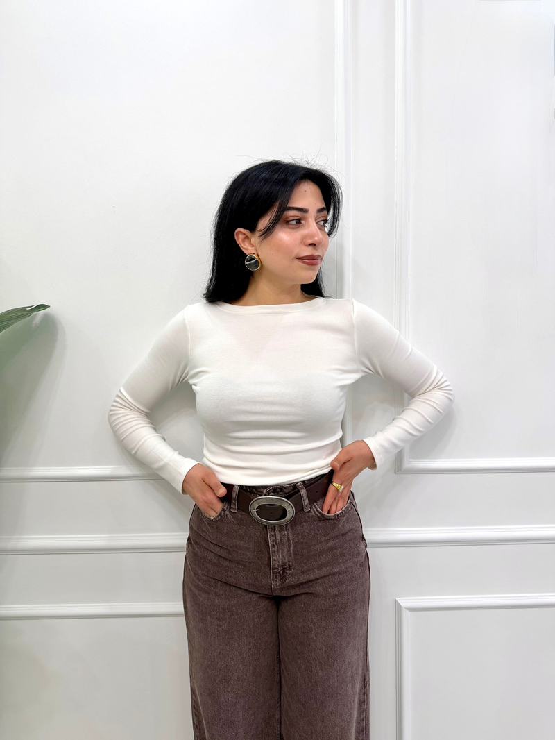 Body Kayık Yaka Bluz Ekru