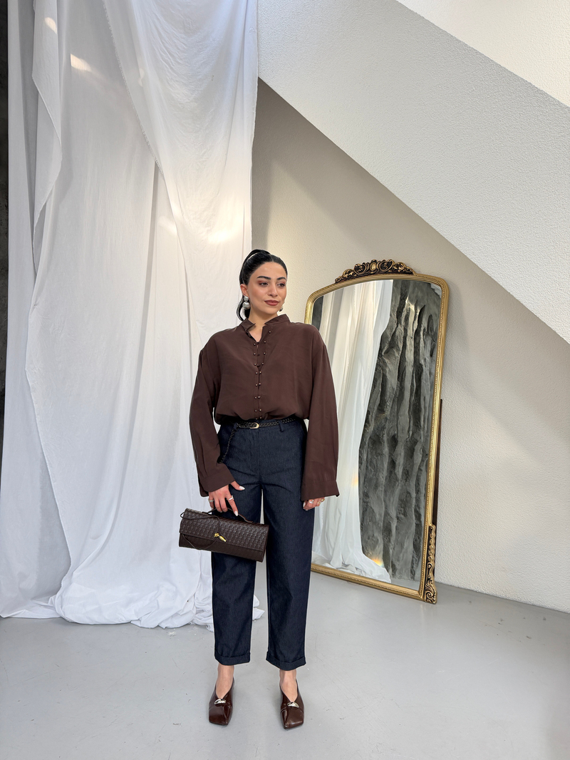 Marka Model Düğmeli Tencel Gömlek Kahve