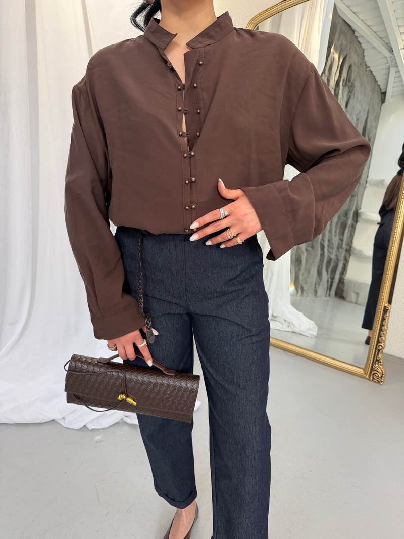 Marka Model Düğmeli Tencel Gömlek Kahve