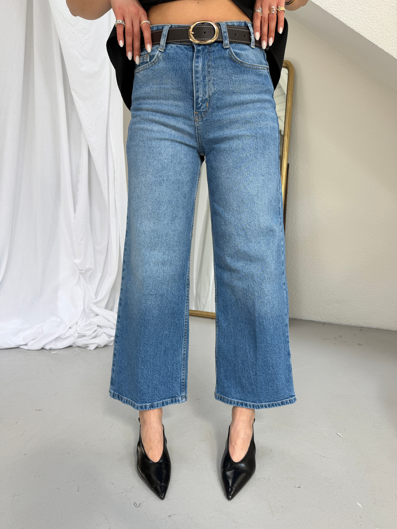 Mavi Culotte Yüksek Bel Kemerli Jean