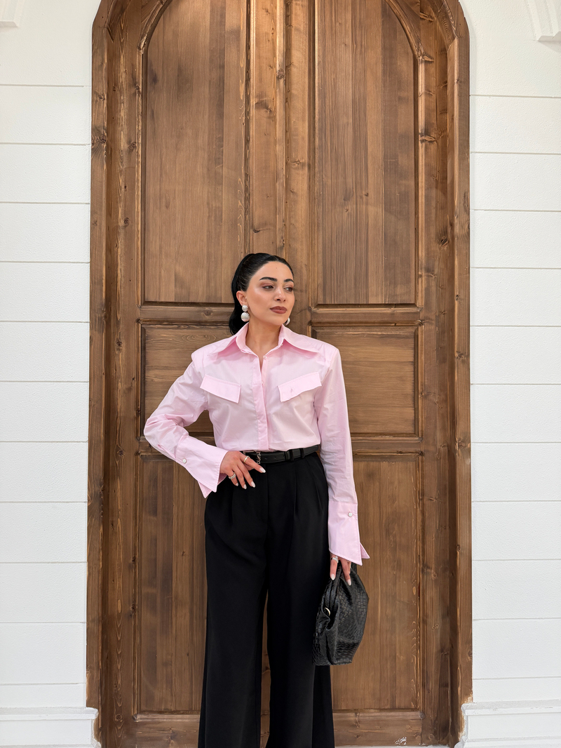 Omzu Vatkalı Gizli Düğme Gömlek Pembe