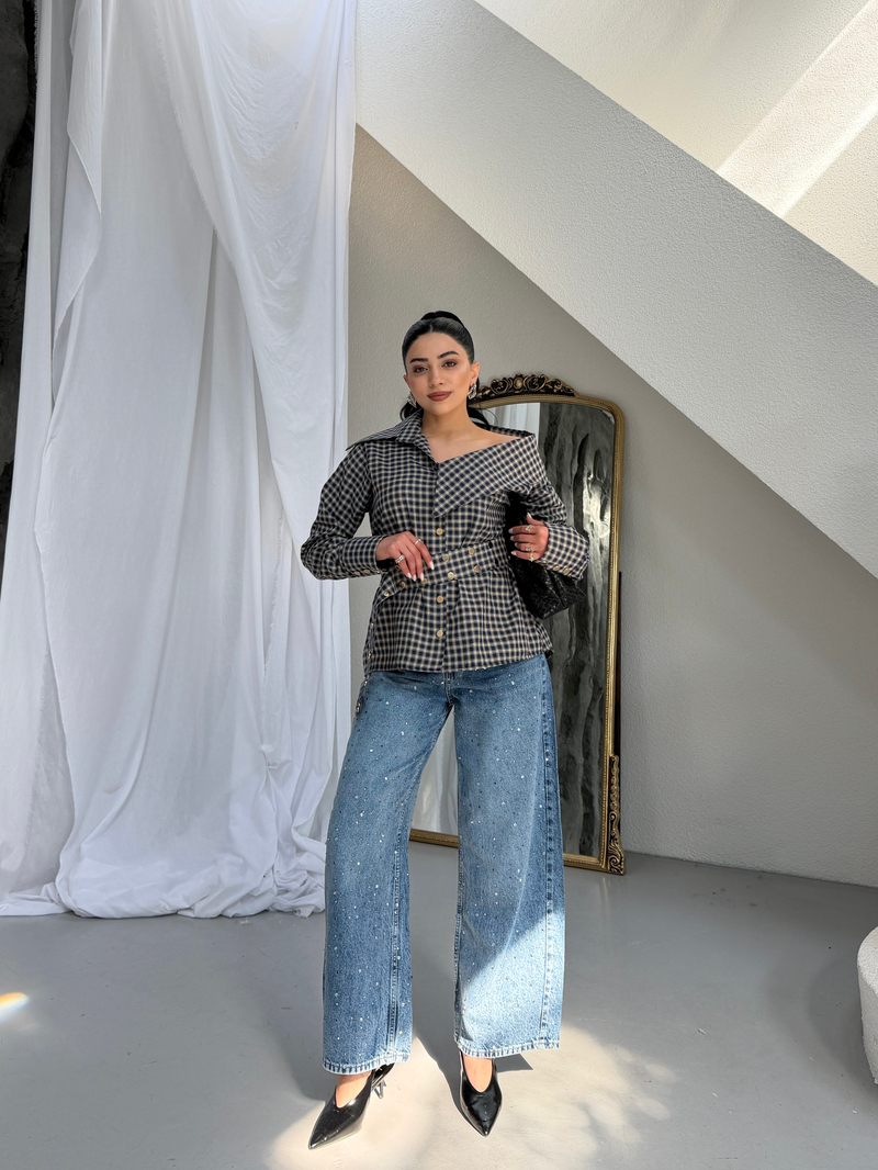 Önü Ve Arkası  Taşlı Jean Mavi