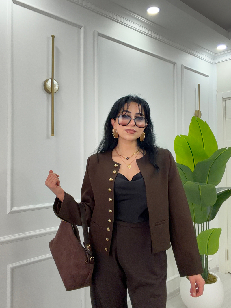 Sıfır Yaka Crop Ceket Kahve