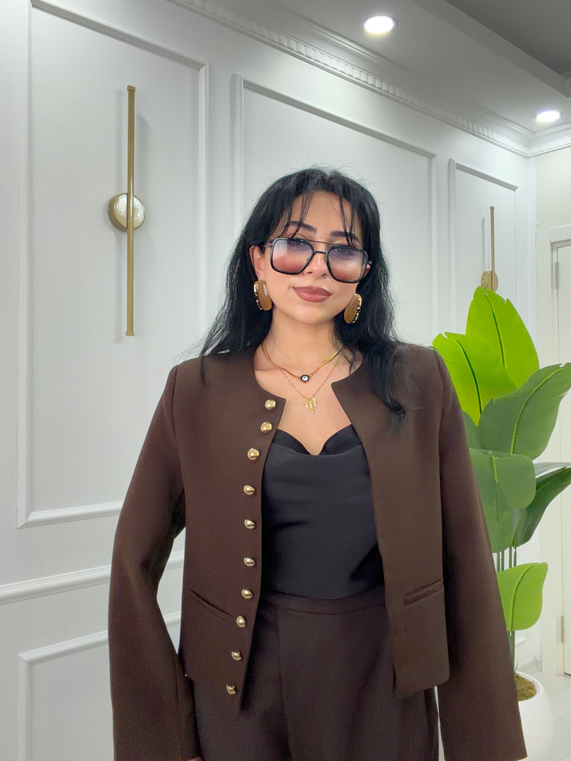 Sıfır Yaka Crop Ceket Kahve