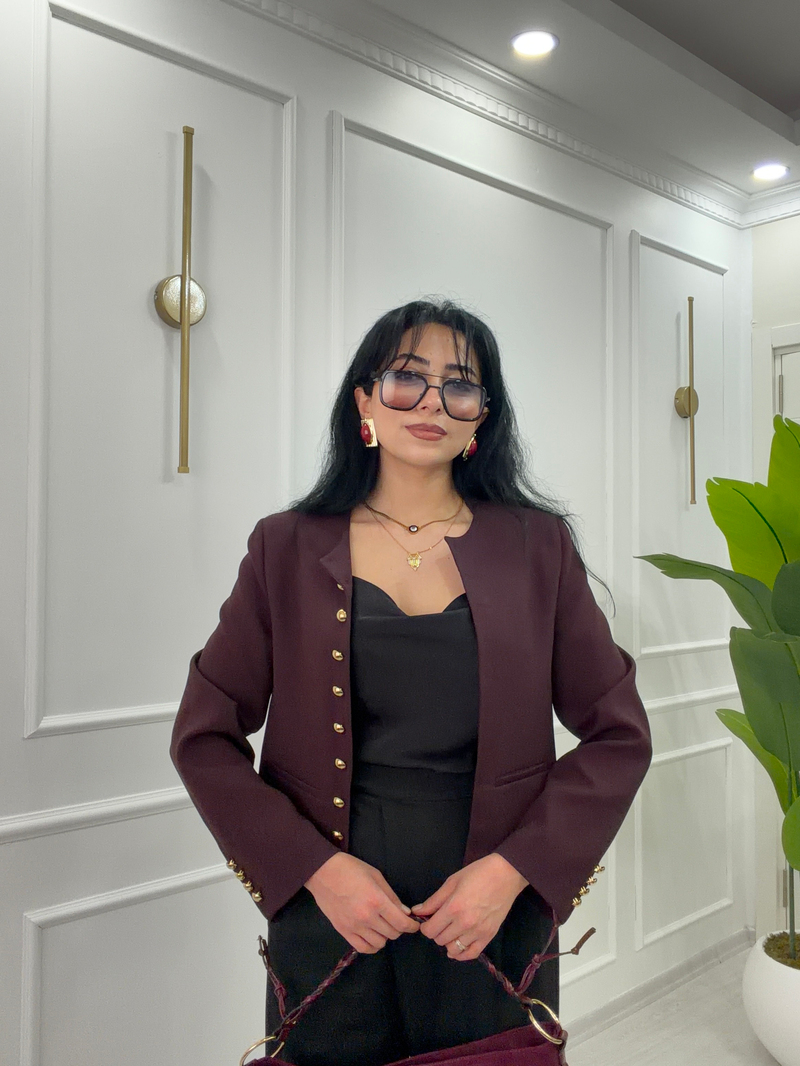 Sıfır Yaka Crop Ceket Mürdüm