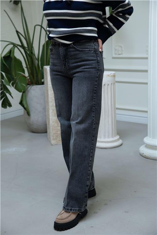 Wide Leg Jean Pantolon Çizgi Füme