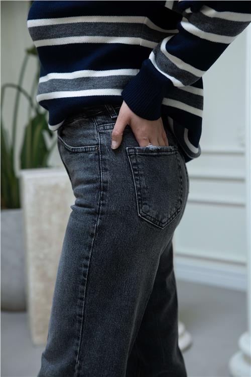 Wide Leg Jean Pantolon Çizgi Füme